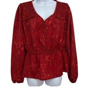 Mason & Belle Kara Peplum Blouse Red Floral Smocked Long Sleeve L NWT Indie Boho